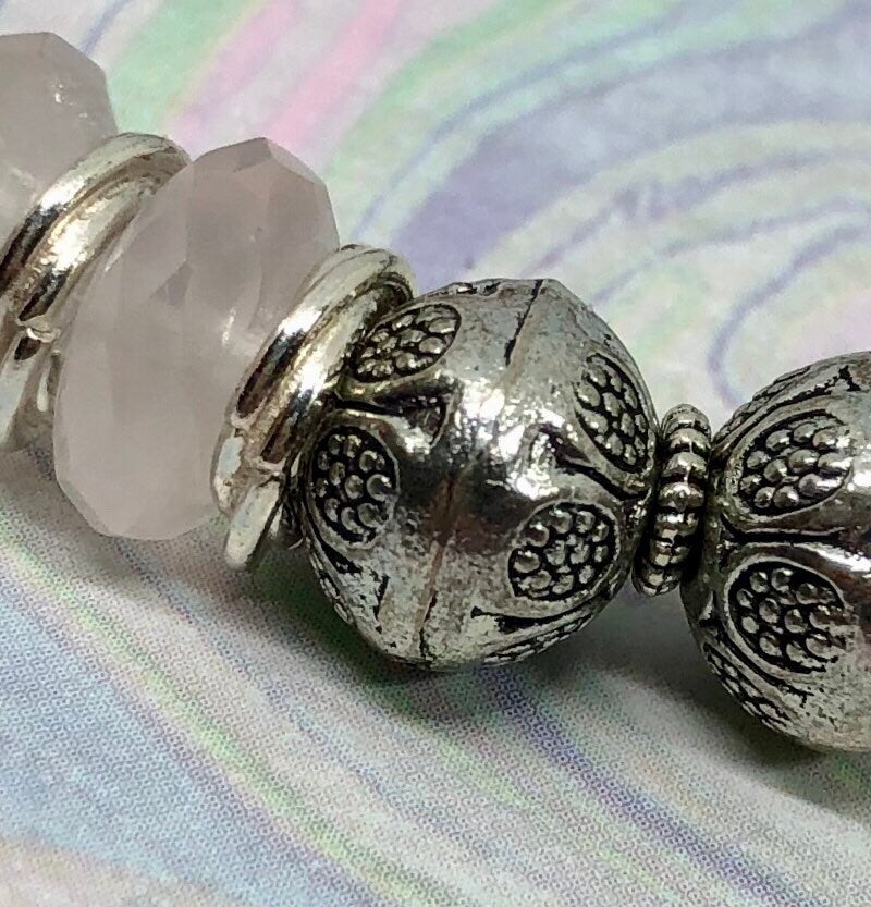 MossberryandStone Rose Quartz Beaded Bracelet with Silver Heart Charm