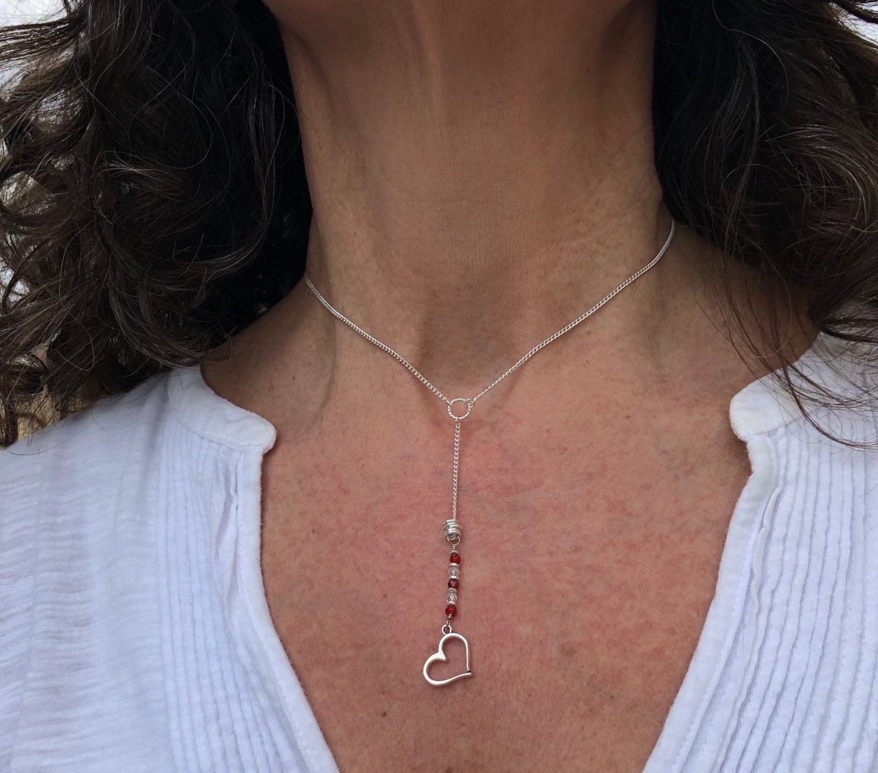 MossberryandStone Cubic Zirconia Heart Pendant Y Necklace 14-16in Silver