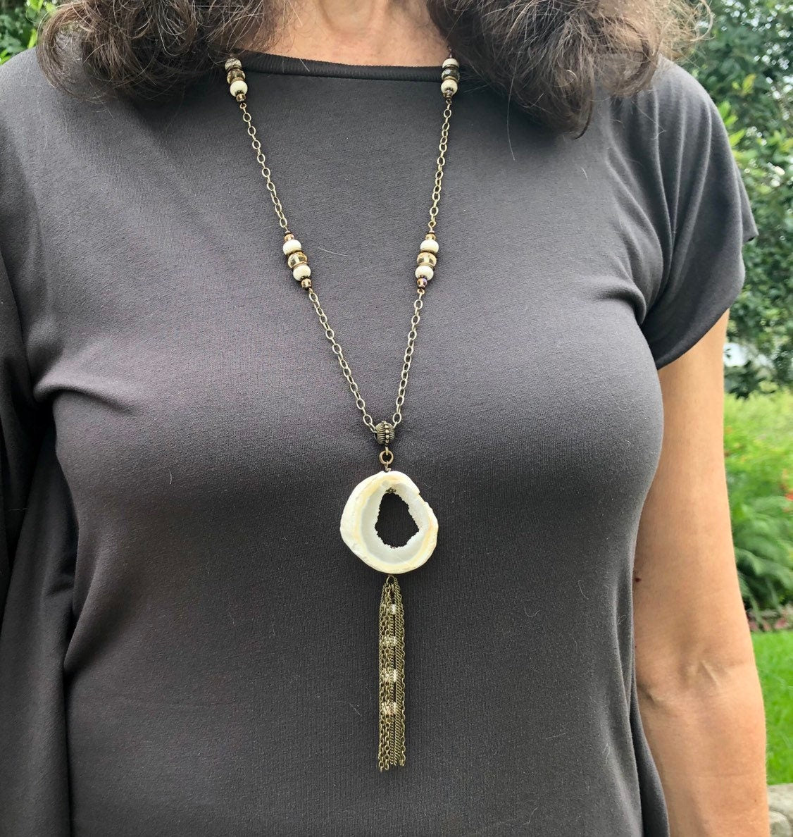 MossberryandStone Druzy Agate Long Tassel Necklace 30in Antique Bronze