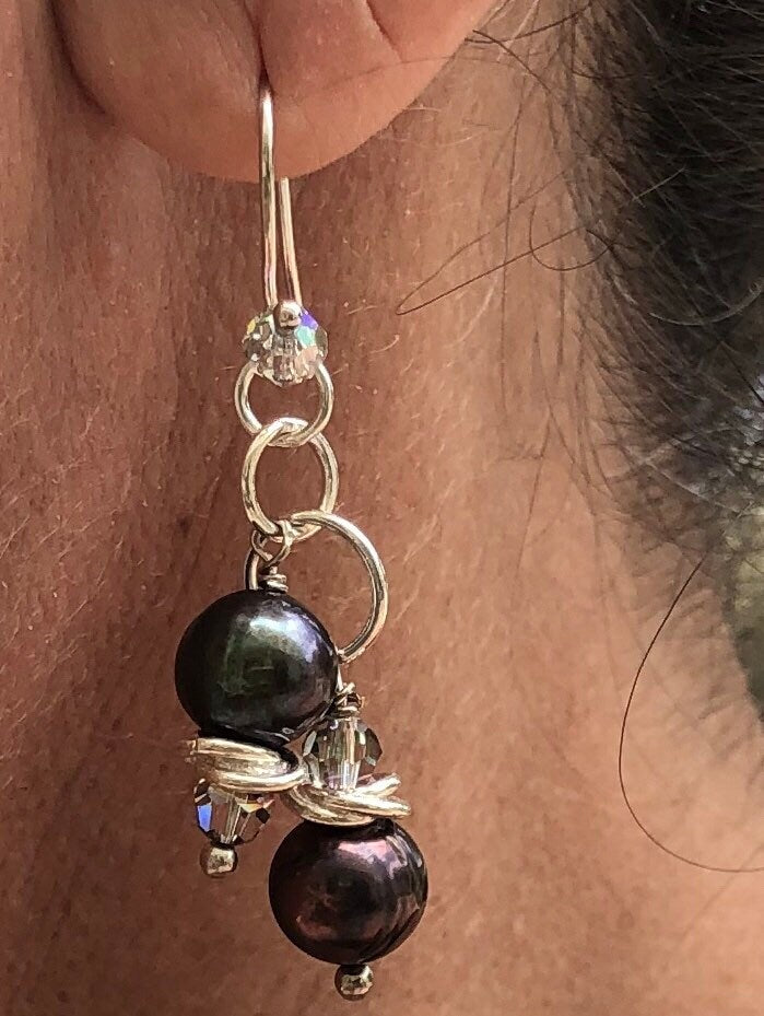MossberryandStone Freshwater Pearl Peacock Dangle Earrings Swarovski Crystal Silver