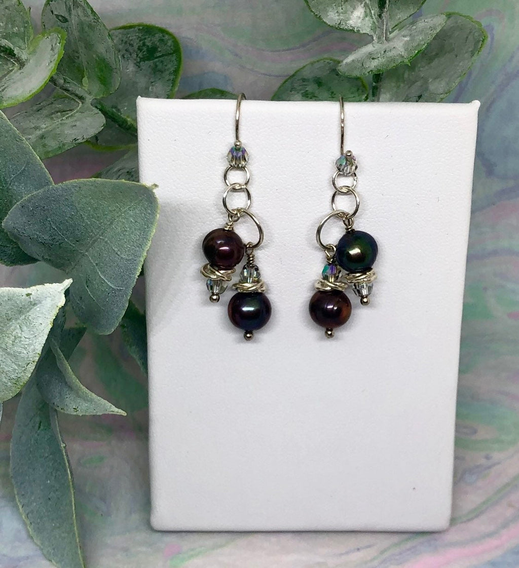 MossberryandStone Freshwater Pearl Peacock Dangle Earrings Swarovski Crystal Silver