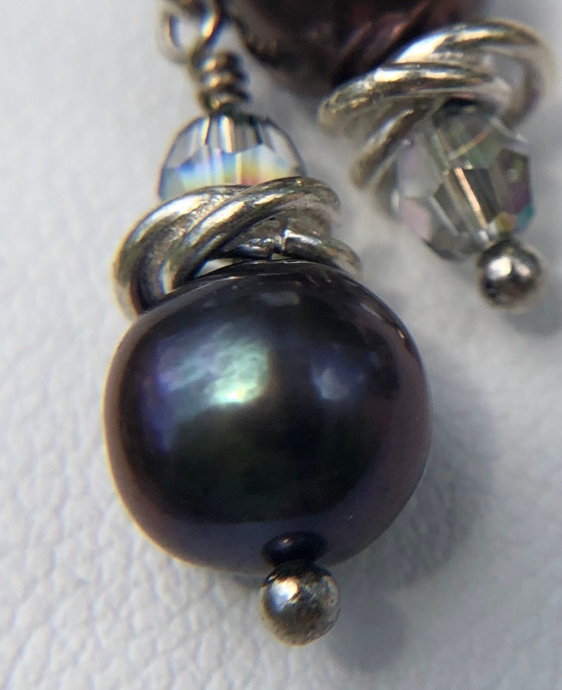 MossberryandStone Freshwater Pearl Peacock Dangle Earrings Swarovski Crystal Silver