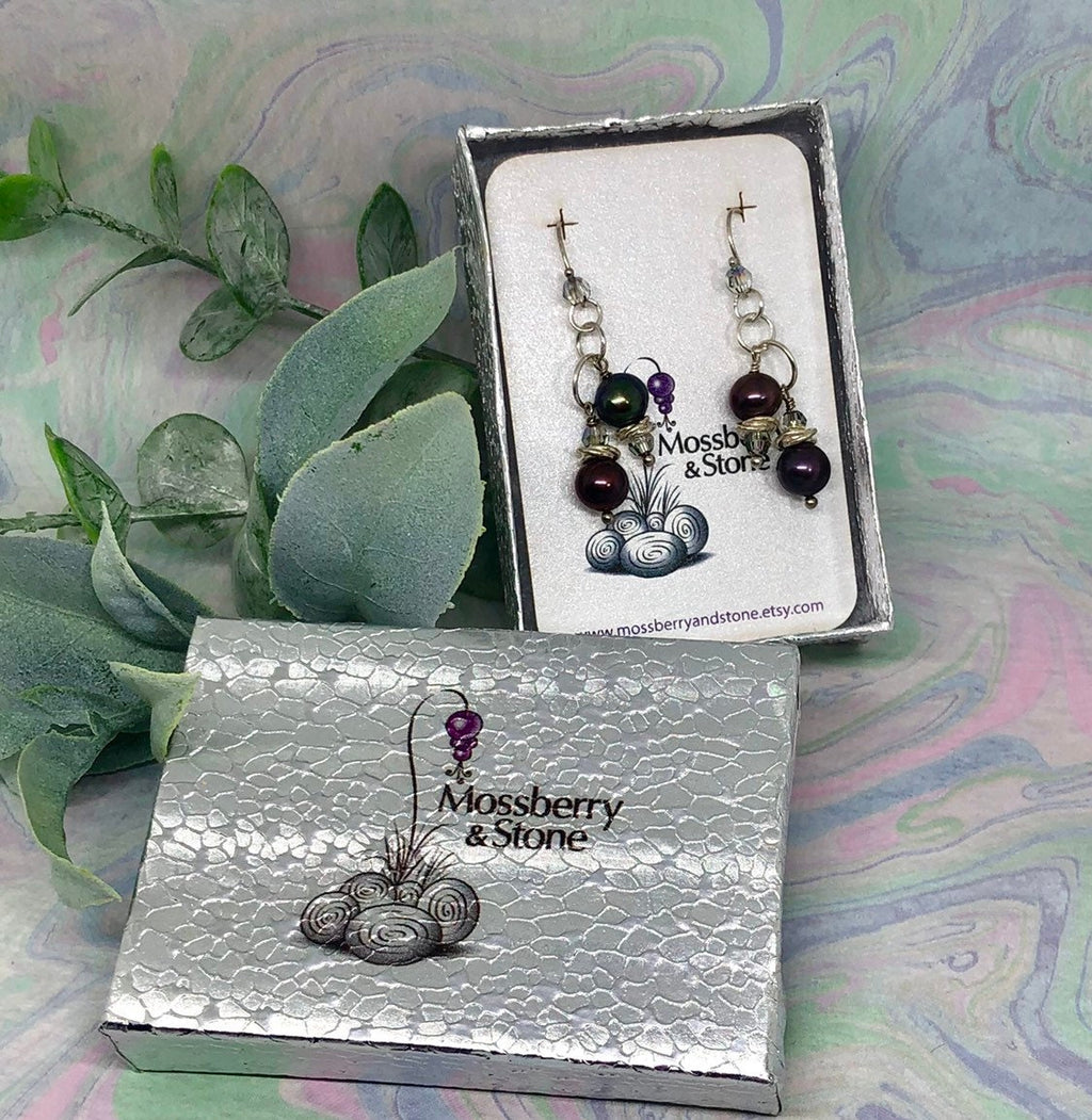 MossberryandStone Freshwater Pearl Peacock Dangle Earrings Swarovski Crystal Silver