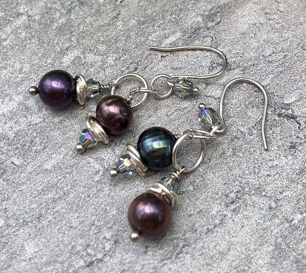 MossberryandStone Freshwater Pearl Peacock Dangle Earrings Swarovski Crystal Silver