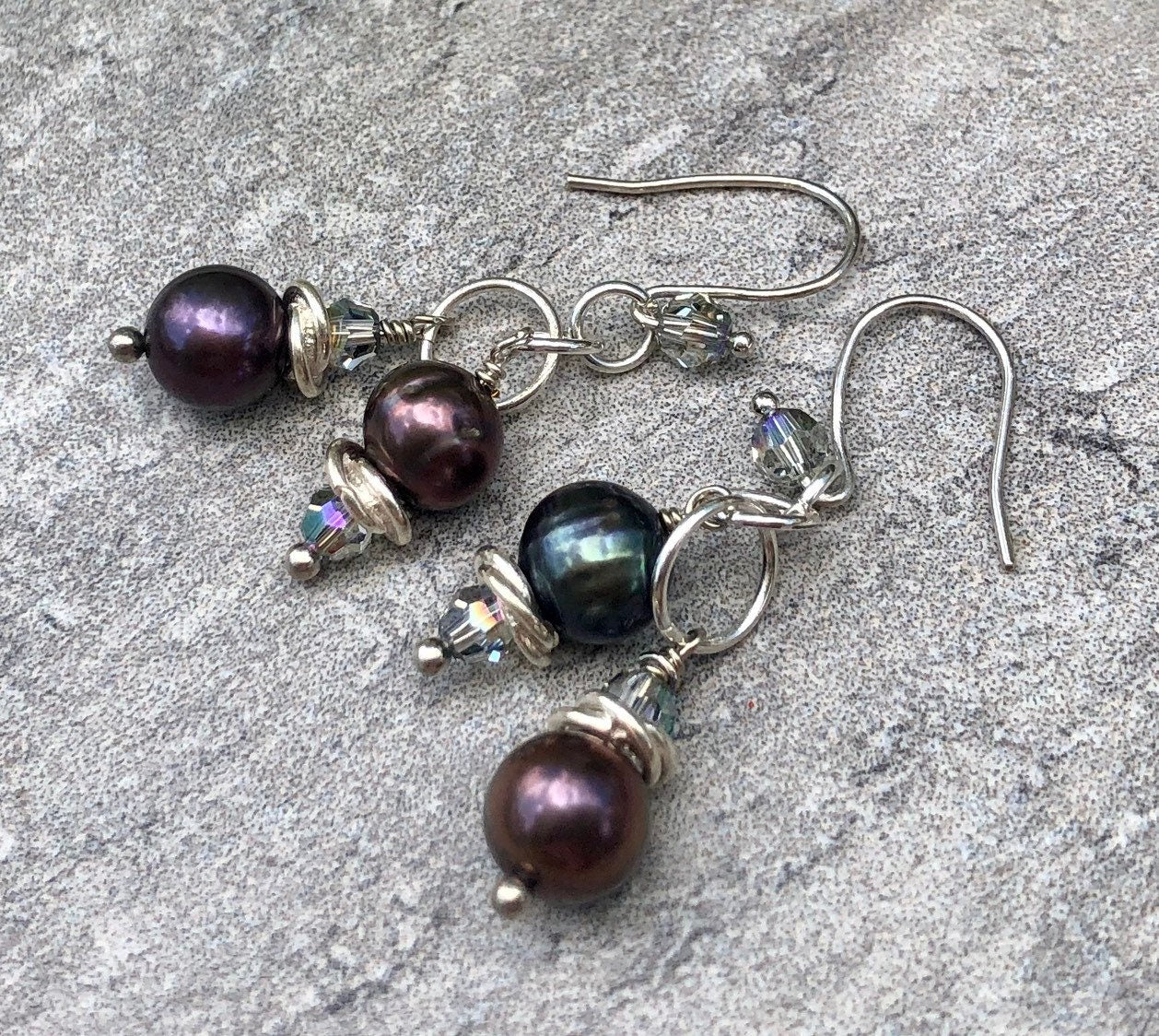 MossberryandStone Freshwater Pearl Peacock Dangle Earrings Swarovski Crystal Silver