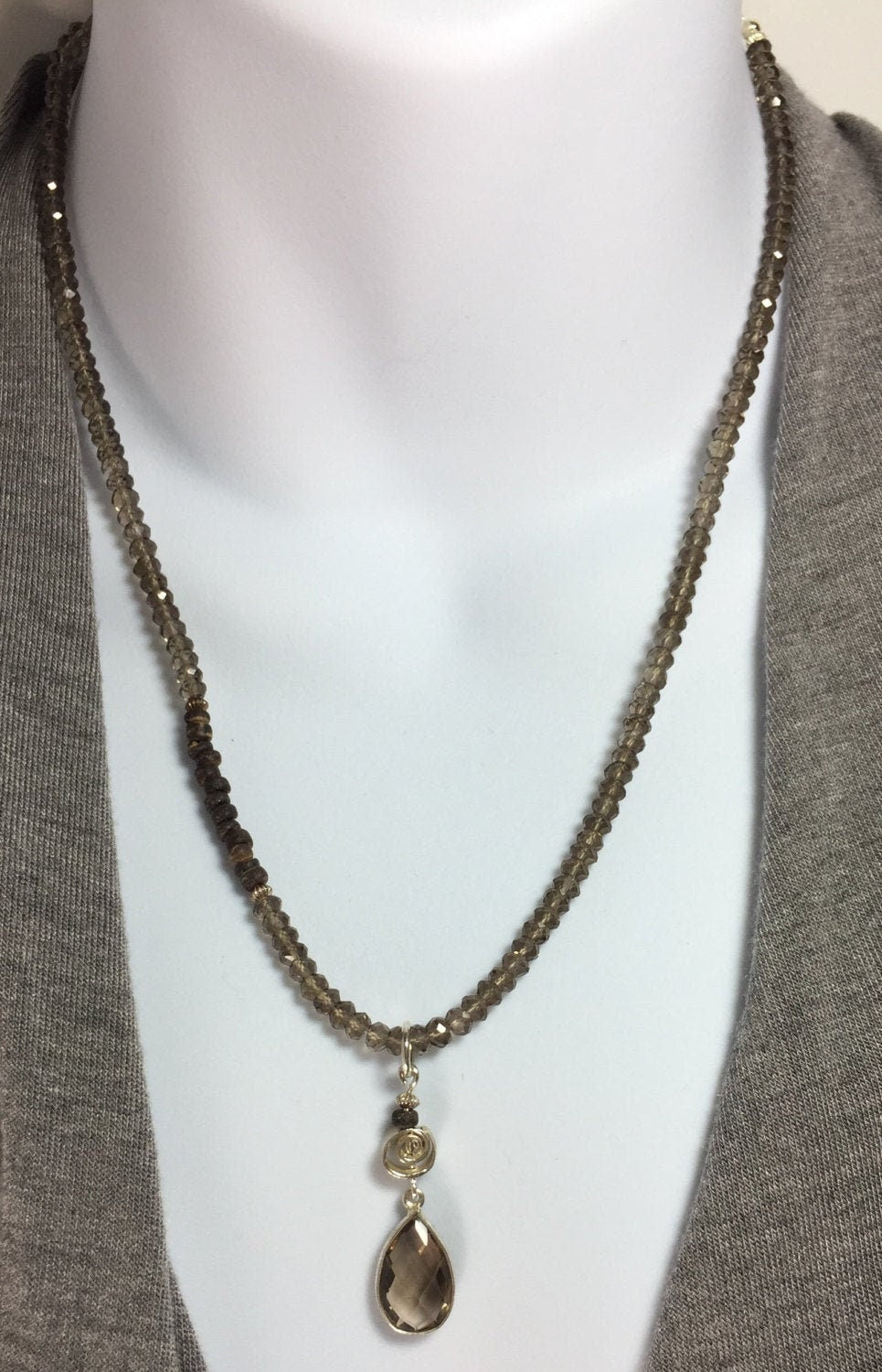 MossberryandStone Smoky Quartz Sterling Silver Beaded Pendant Necklace Adjustable