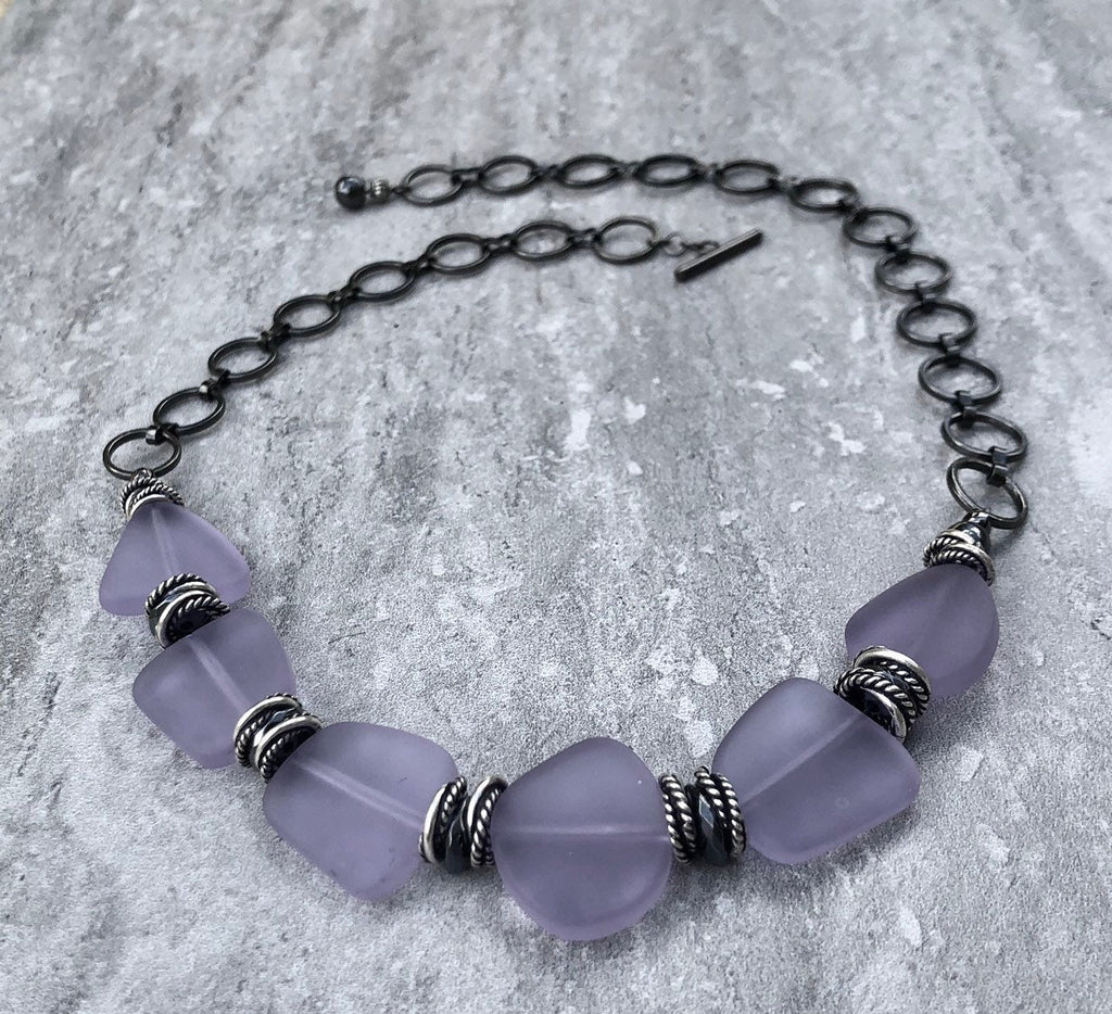 MossberryandStone Recycled Glass Choker Necklace Lavender Adjustable Chunky