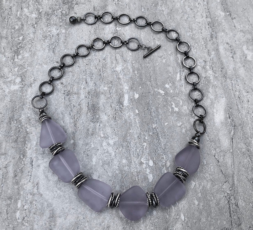 MossberryandStone Recycled Glass Choker Necklace Lavender Adjustable Chunky