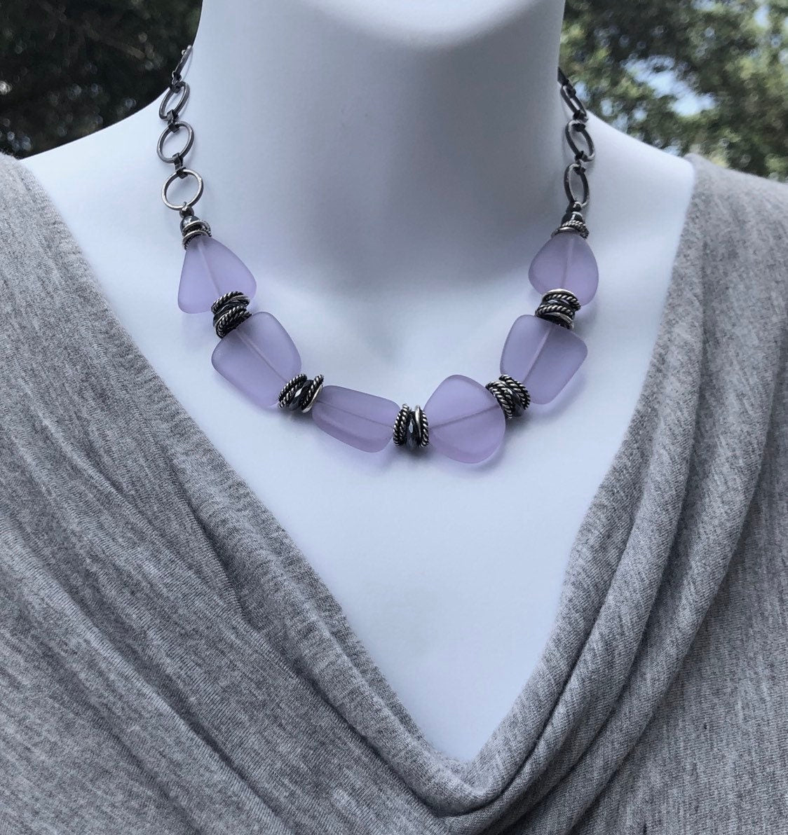 MossberryandStone Recycled Glass Choker Necklace Lavender Adjustable Chunky
