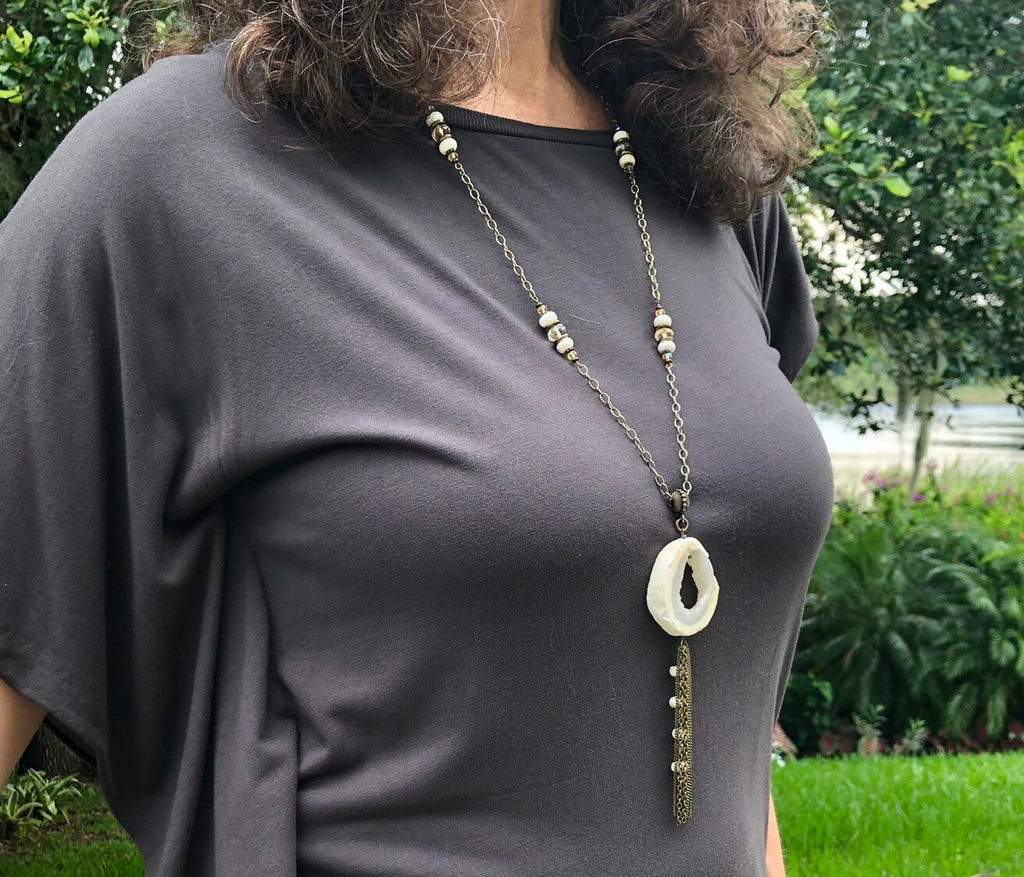 MossberryandStone Druzy Agate Long Tassel Necklace 30in Antique Bronze