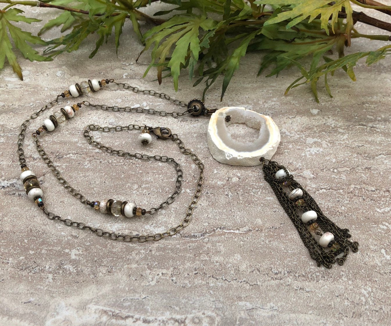 MossberryandStone Druzy Agate Long Tassel Necklace 30in Antique Bronze