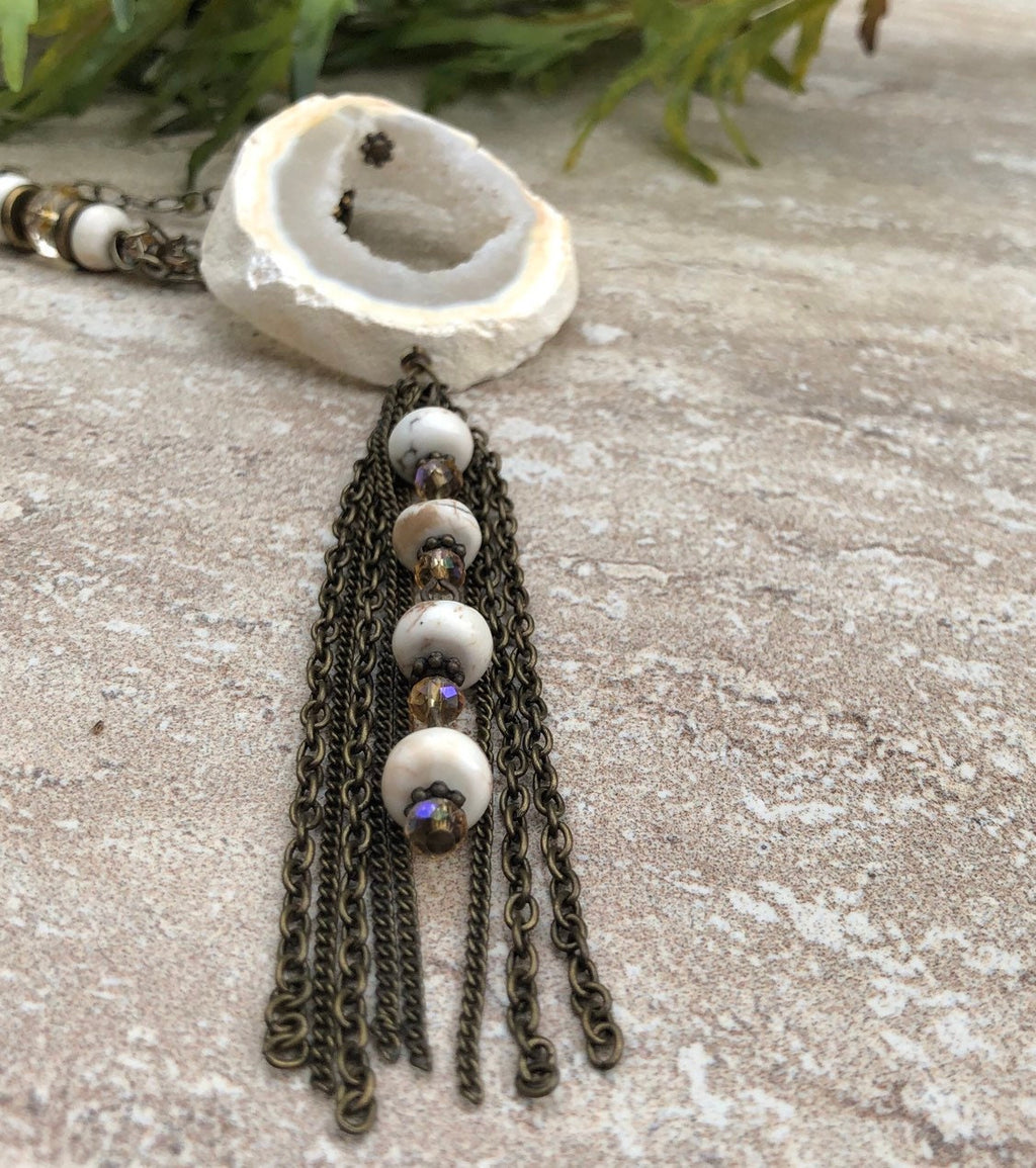 MossberryandStone Druzy Agate Long Tassel Necklace 30in Antique Bronze