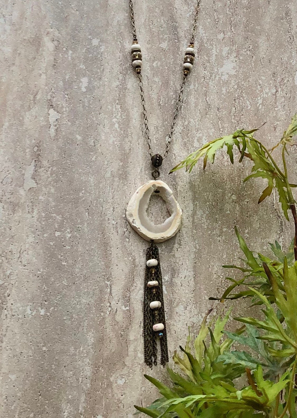MossberryandStone Druzy Agate Long Tassel Necklace 30in Antique Bronze