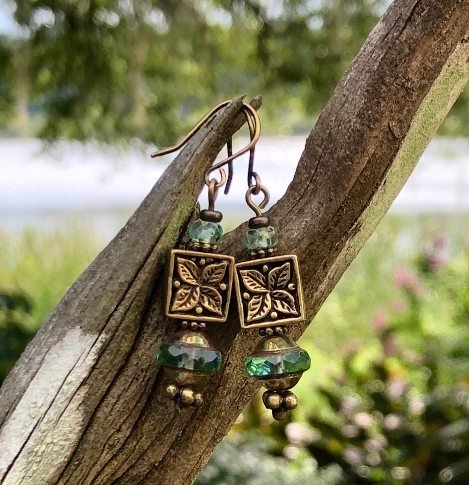 MossberryandStone Czech Glass And Antique Bronze Dangle Earrings