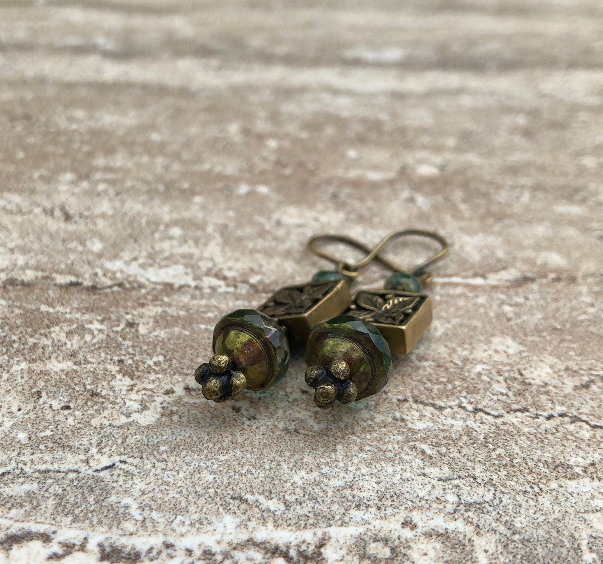 MossberryandStone Czech Glass And Antique Bronze Dangle Earrings
