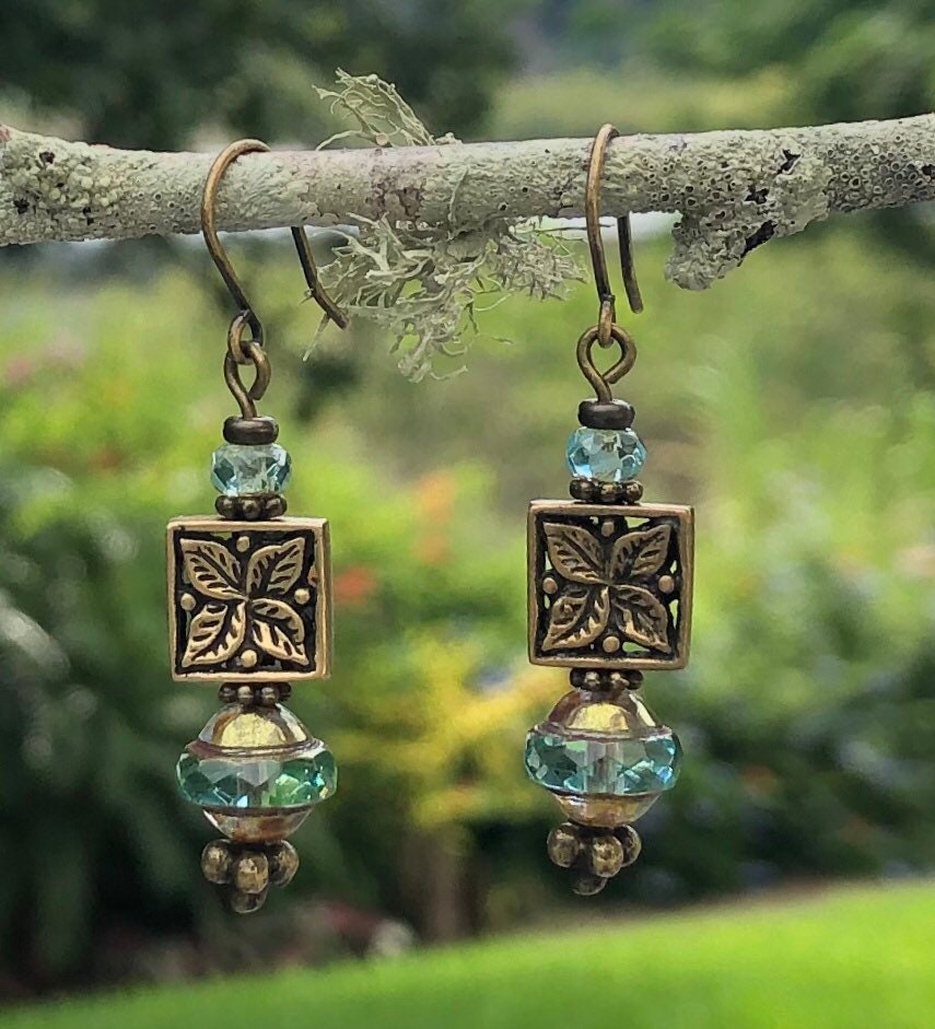 MossberryandStone Czech Glass And Antique Bronze Dangle Earrings
