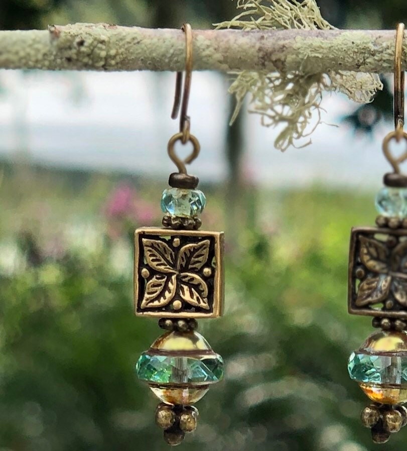 MossberryandStone Czech Glass And Antique Bronze Dangle Earrings