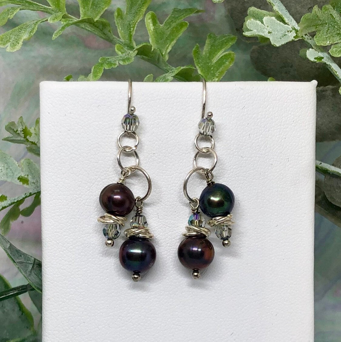 MossberryandStone Freshwater Pearl Peacock Dangle Earrings Swarovski Crystal Silver