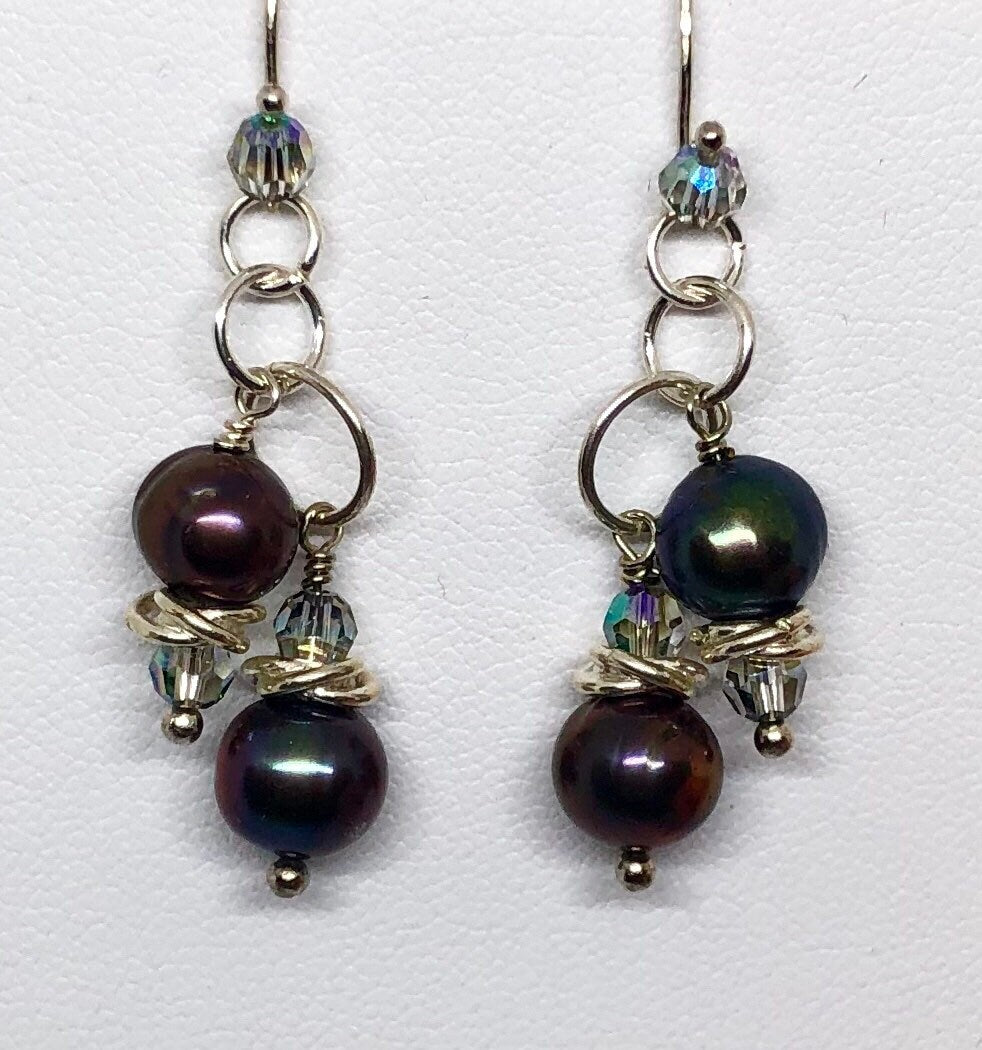 MossberryandStone Freshwater Pearl Peacock Dangle Earrings Swarovski Crystal Silver