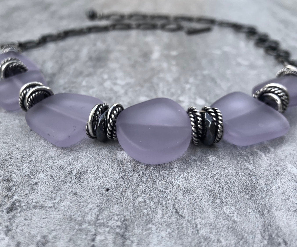 MossberryandStone Recycled Glass Choker Necklace Lavender Adjustable Chunky