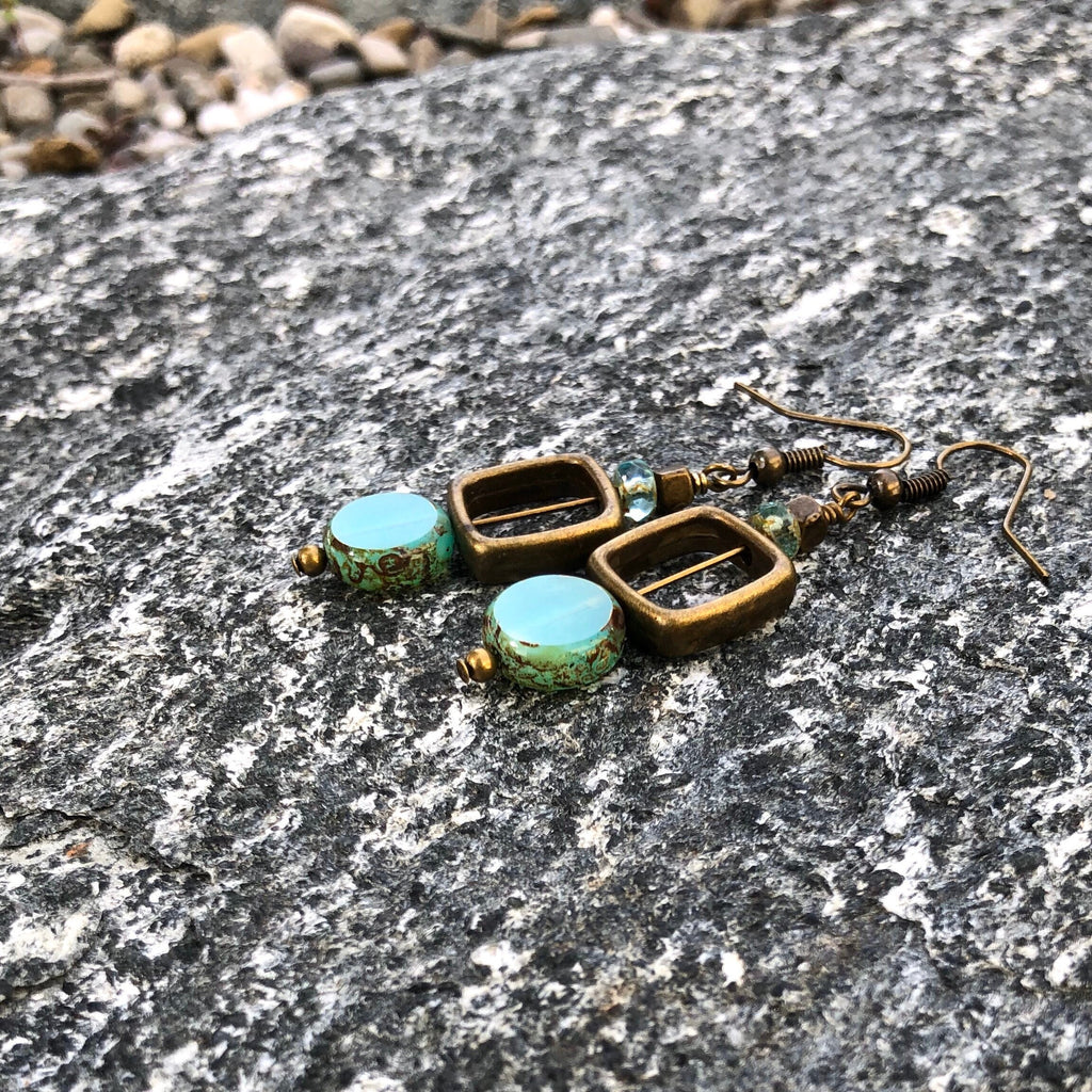 MossberryandStone Geometric Czech Glass Dangle Earrings Aqua Antique Bronze