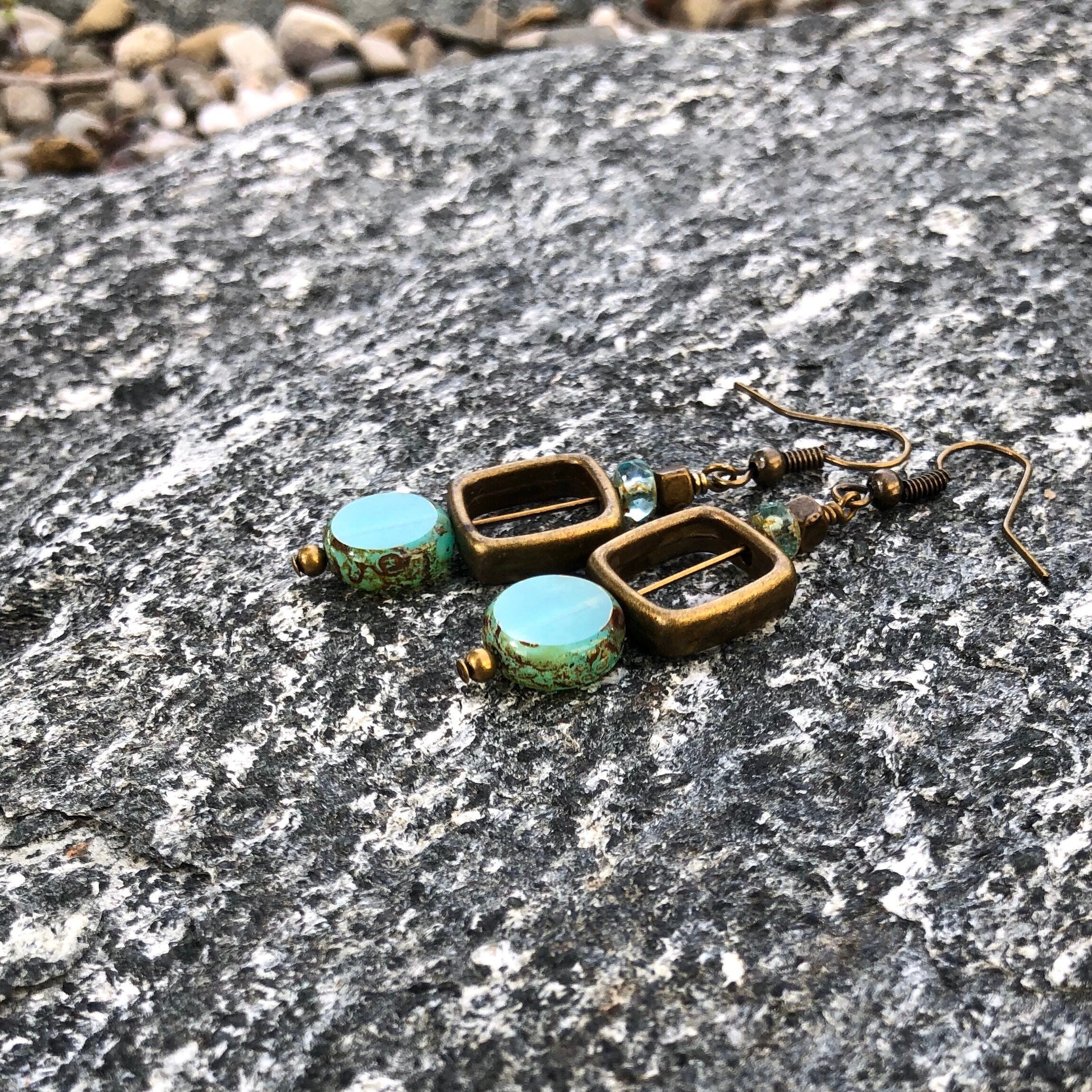 MossberryandStone Geometric Czech Glass Dangle Earrings Aqua Antique Bronze