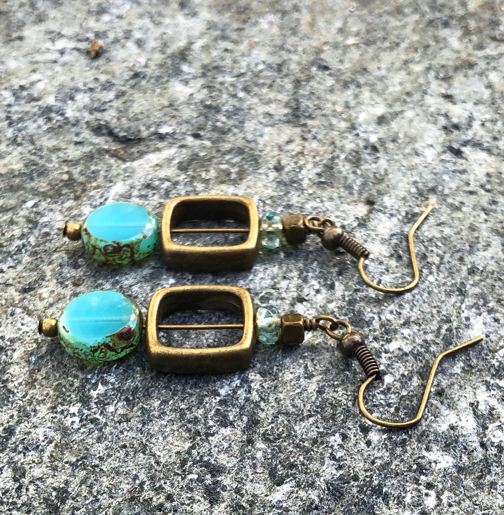 MossberryandStone Geometric Czech Glass Dangle Earrings Aqua Antique Bronze