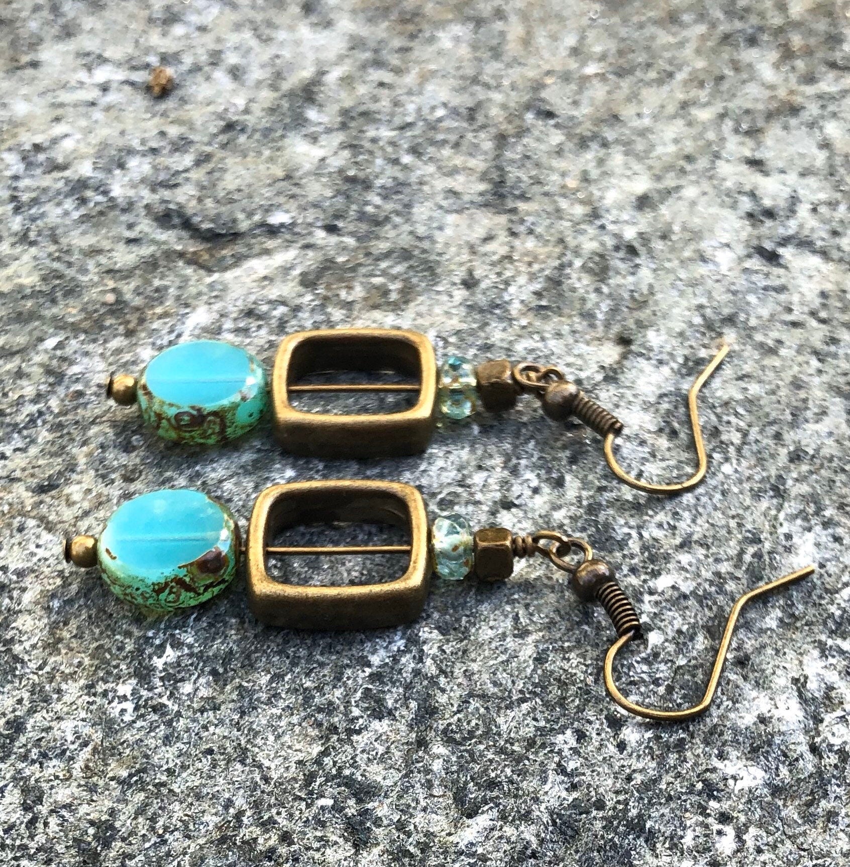 MossberryandStone Geometric Czech Glass Dangle Earrings Aqua Antique Bronze