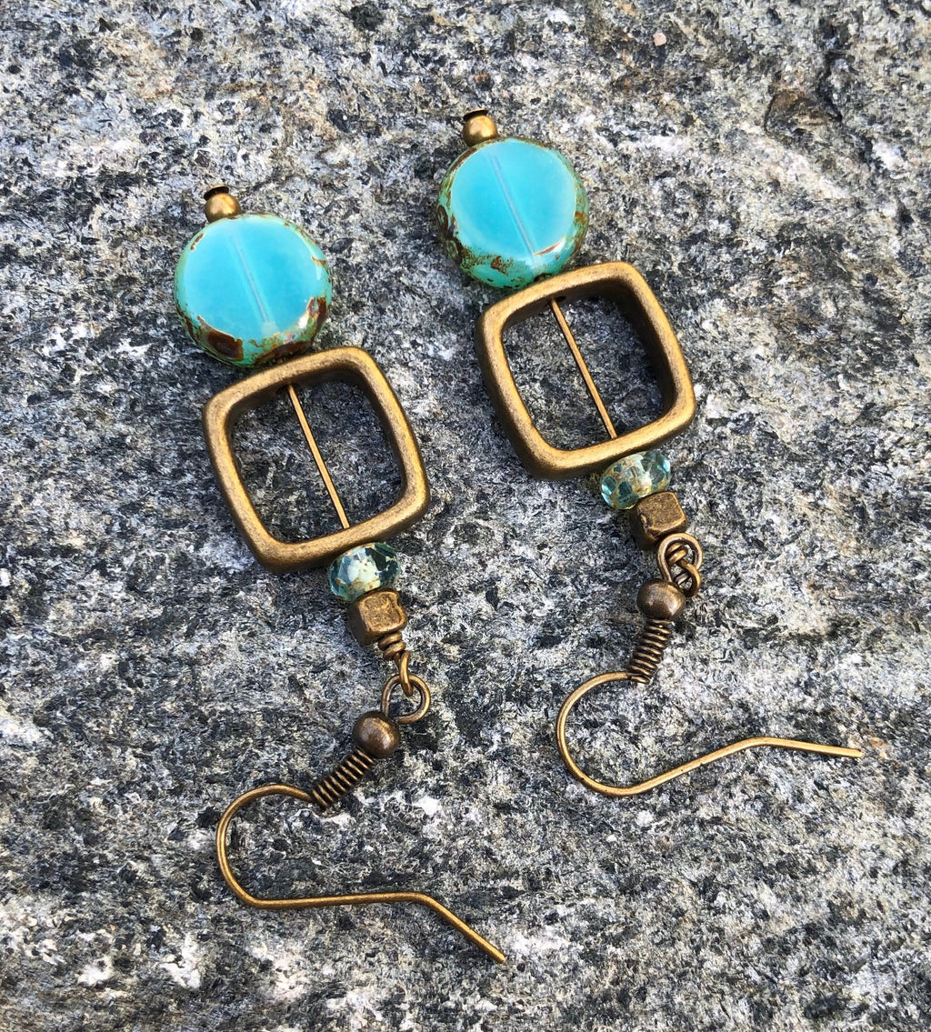 MossberryandStone Geometric Czech Glass Dangle Earrings Aqua Antique Bronze