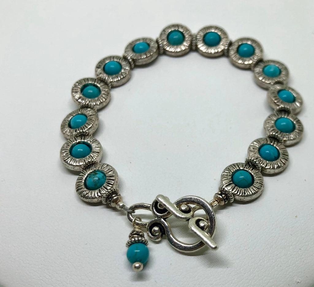 MossberryandStone Turquoise Howlite Toggle Bracelet Silver & Pewter Boho