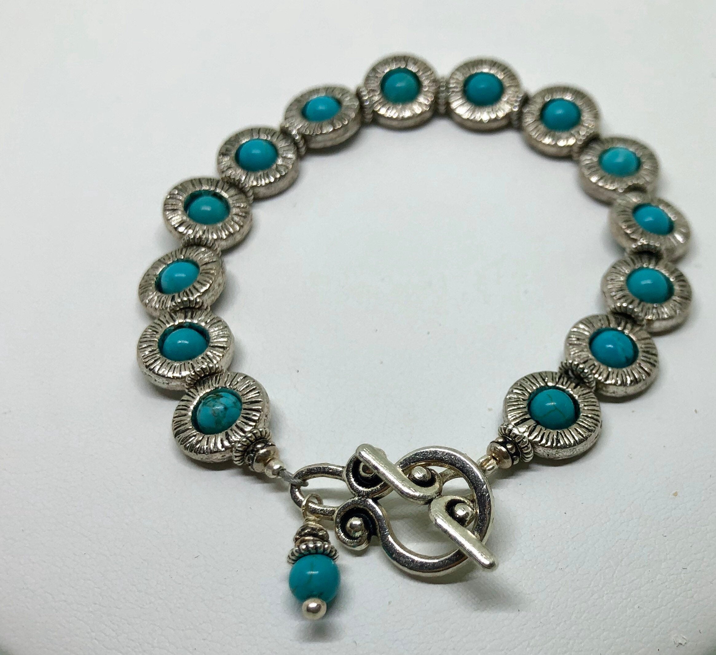MossberryandStone Turquoise Howlite Toggle Bracelet Silver & Pewter Boho