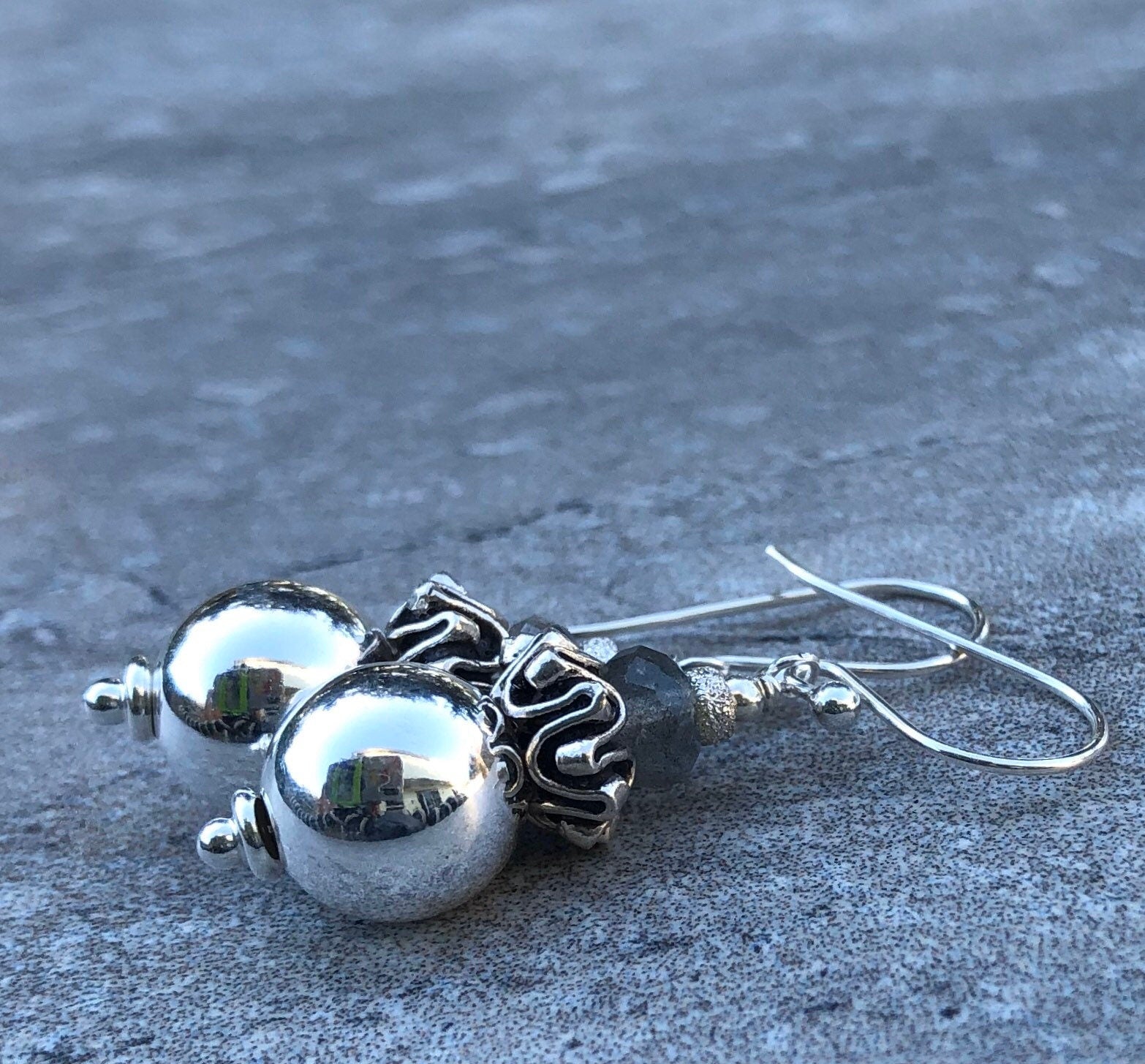 MossberryandStone Sterling Silver Labradorite Dangle Earrings Boho Beaded