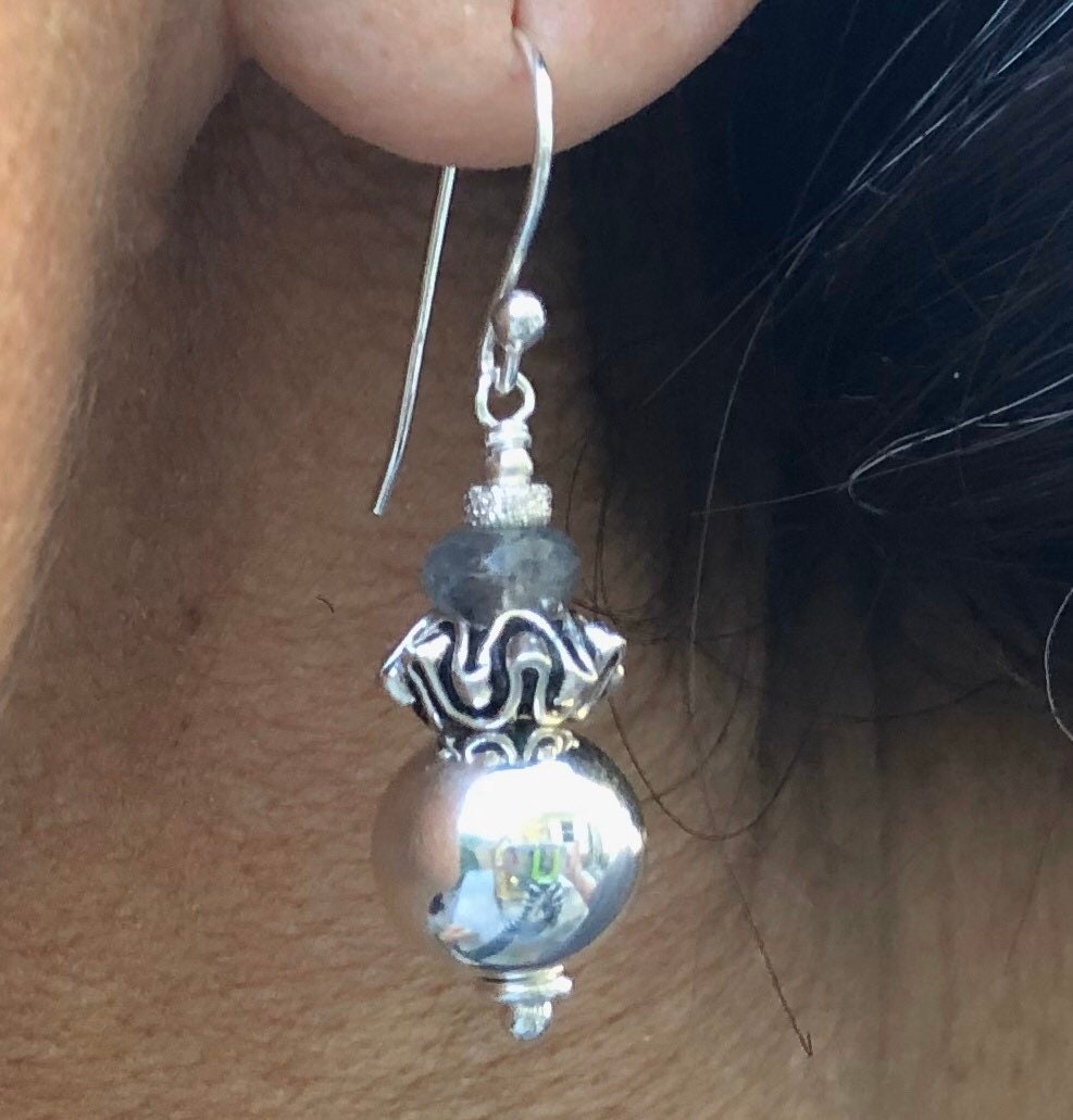MossberryandStone Sterling Silver Labradorite Dangle Earrings Boho Beaded