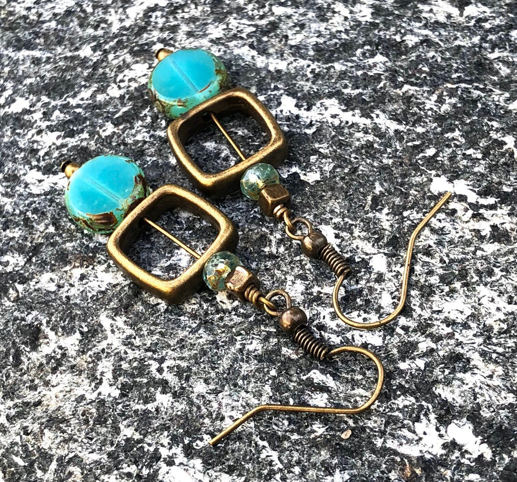 MossberryandStone Geometric Czech Glass Dangle Earrings Aqua Antique Bronze