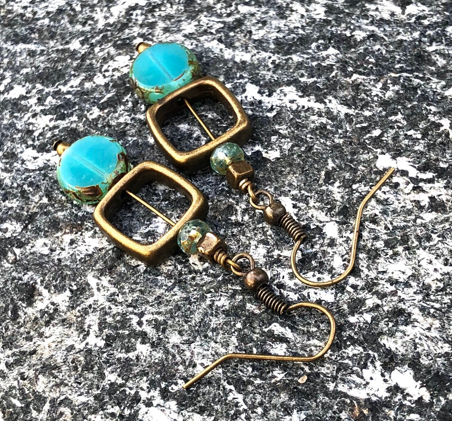 MossberryandStone Geometric Czech Glass Dangle Earrings Aqua Antique Bronze