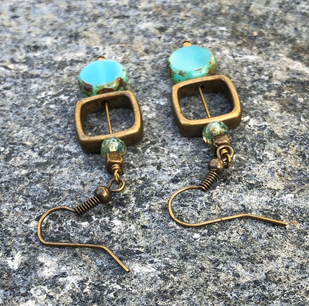 MossberryandStone Geometric Czech Glass Dangle Earrings Aqua Antique Bronze