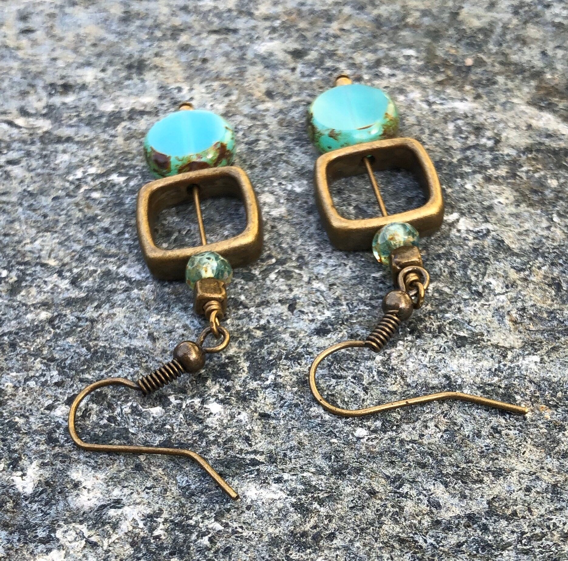 MossberryandStone Geometric Czech Glass Dangle Earrings Aqua Antique Bronze