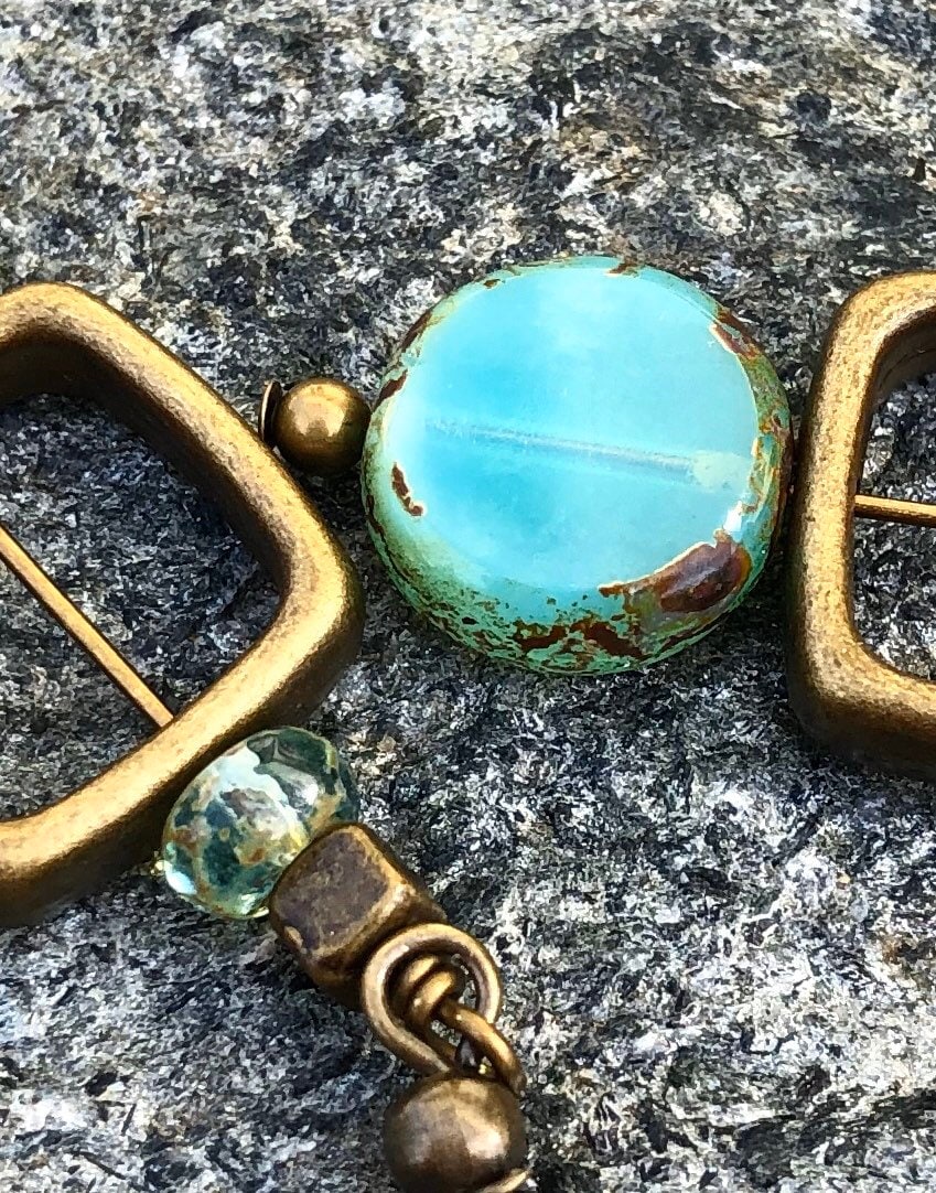 MossberryandStone Geometric Czech Glass Dangle Earrings Aqua Antique Bronze