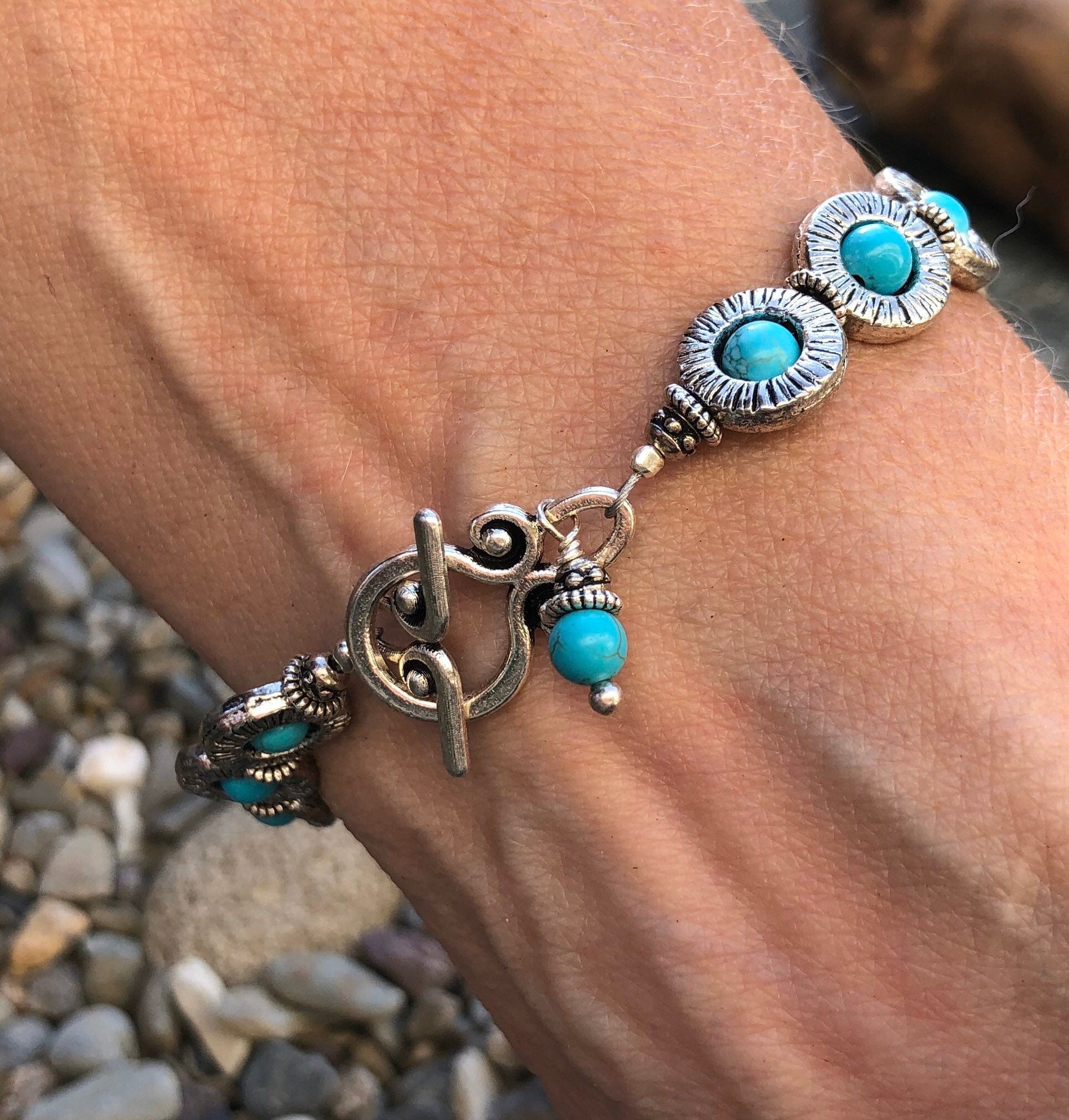 MossberryandStone Turquoise Howlite Toggle Bracelet Silver & Pewter Boho