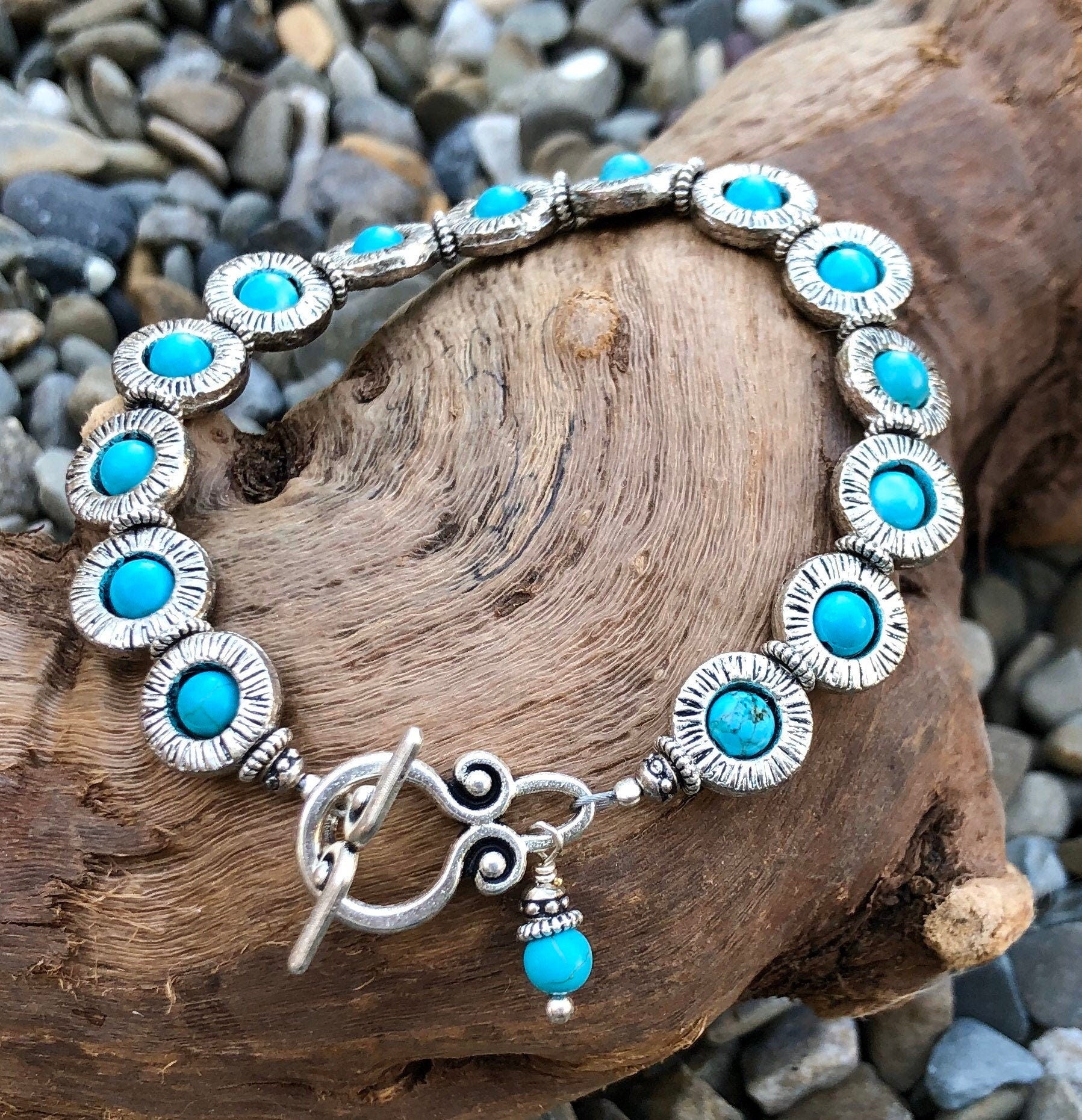 MossberryandStone Turquoise Howlite Toggle Bracelet Silver & Pewter Boho