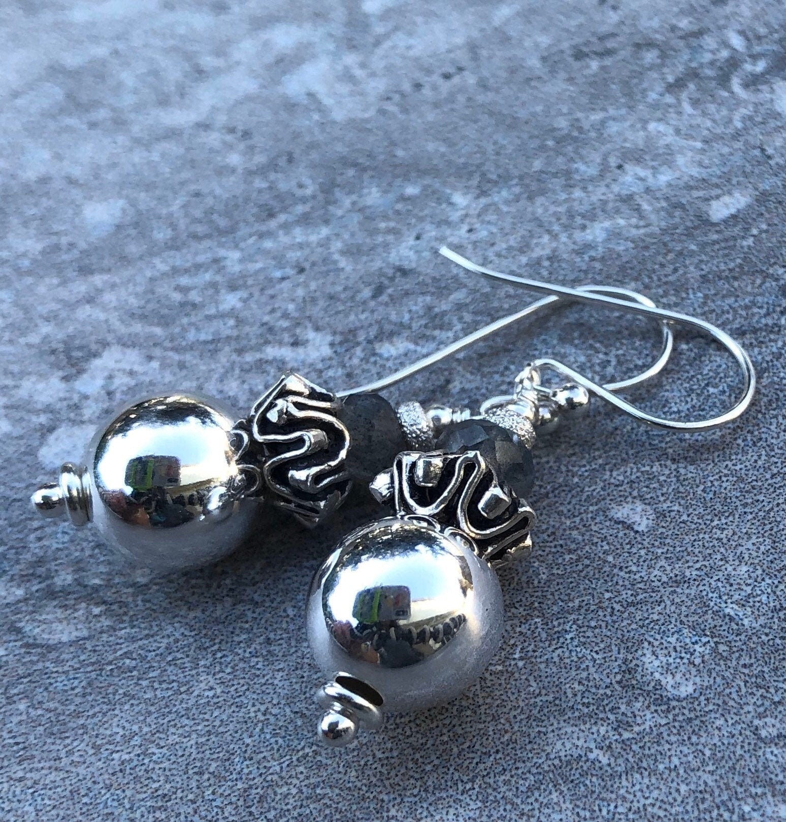 MossberryandStone Sterling Silver Labradorite Dangle Earrings Boho Beaded