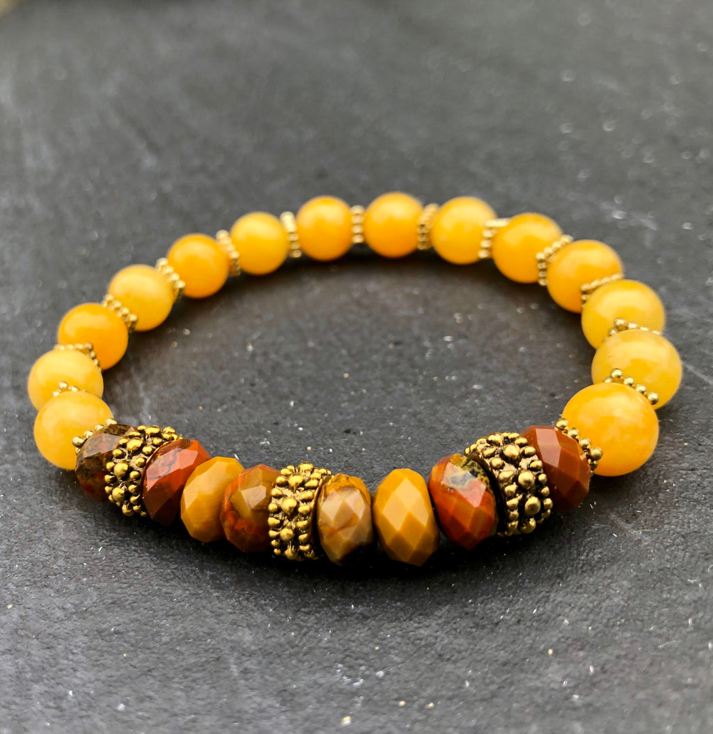 Warm Honey Jade Bracelet, Mookaite Bracelet, Antiqued Gold Bracelet, Beaded Bracelet, Stretch Bracelet, Stackable Bracelet
