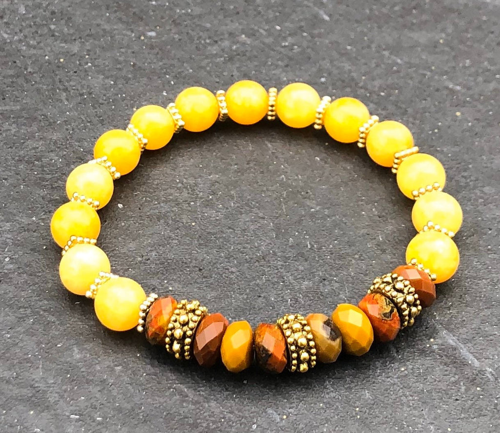 Warm Honey Jade Bracelet, Mookaite Bracelet, Antiqued Gold Bracelet, Beaded Bracelet, Stretch Bracelet, Stackable Bracelet