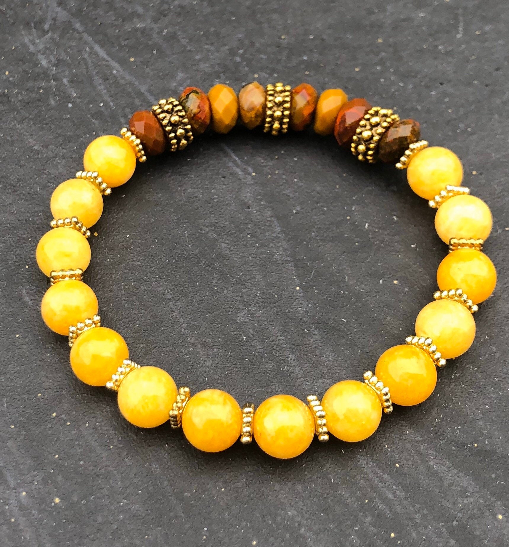 Warm Honey Jade Bracelet, Mookaite Bracelet, Antiqued Gold Bracelet, Beaded Bracelet, Stretch Bracelet, Stackable Bracelet