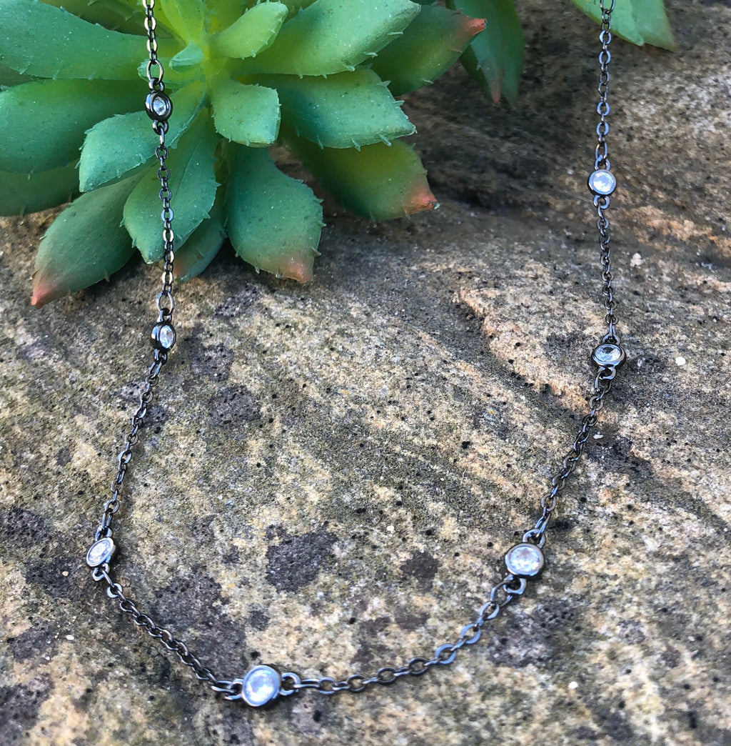 MossberryandStone Oxidized Silver CZ Chain Necklace 16in
