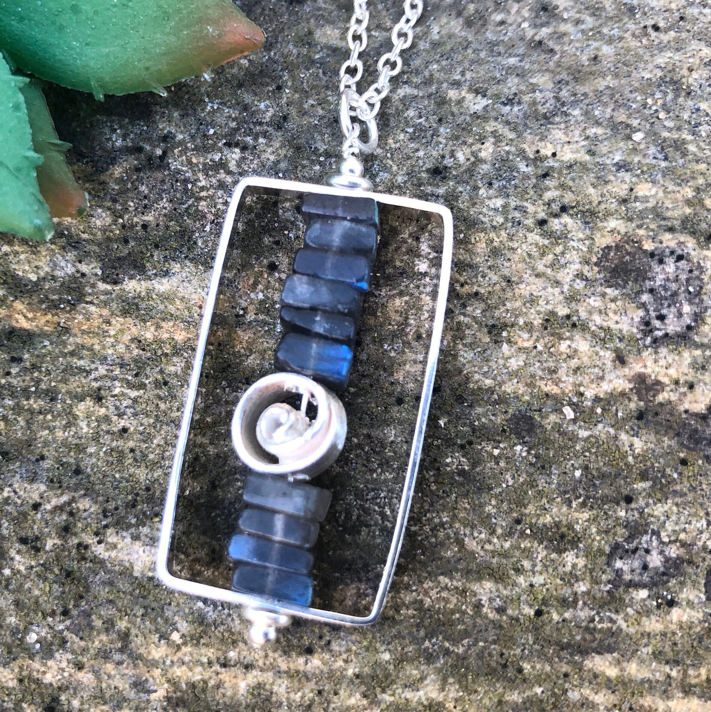 MossberryandStone Stacked Labradorite Pendant Necklace Sterling Silver Rectangle