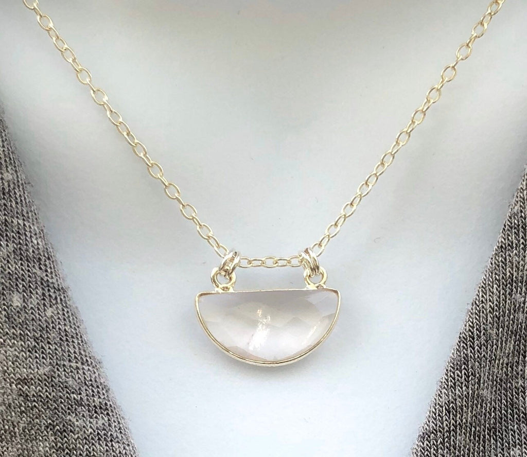 MossberryandStone Rose Quartz Half Moon Pendant Necklace Sterling Silver