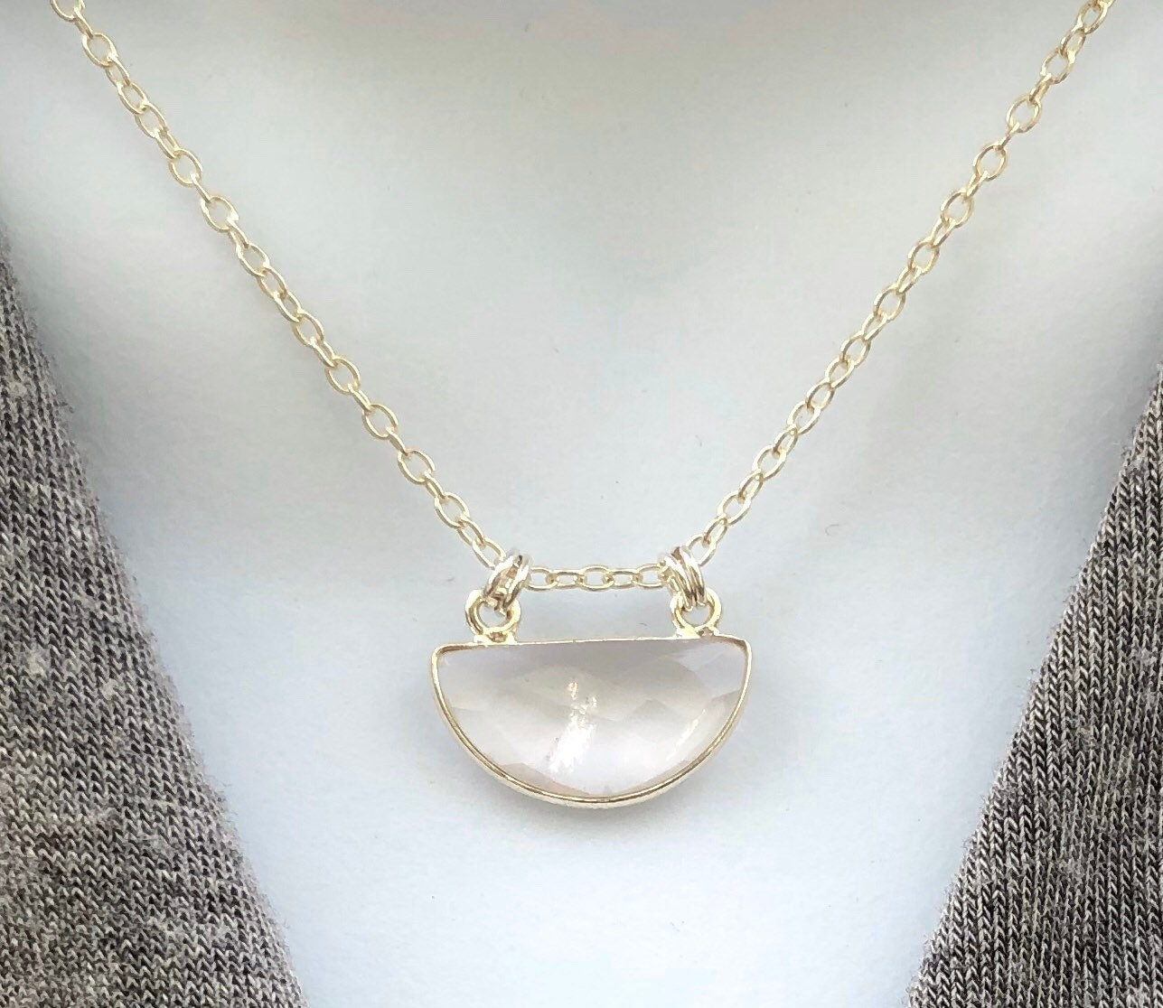 MossberryandStone Rose Quartz Half Moon Pendant Necklace Sterling Silver