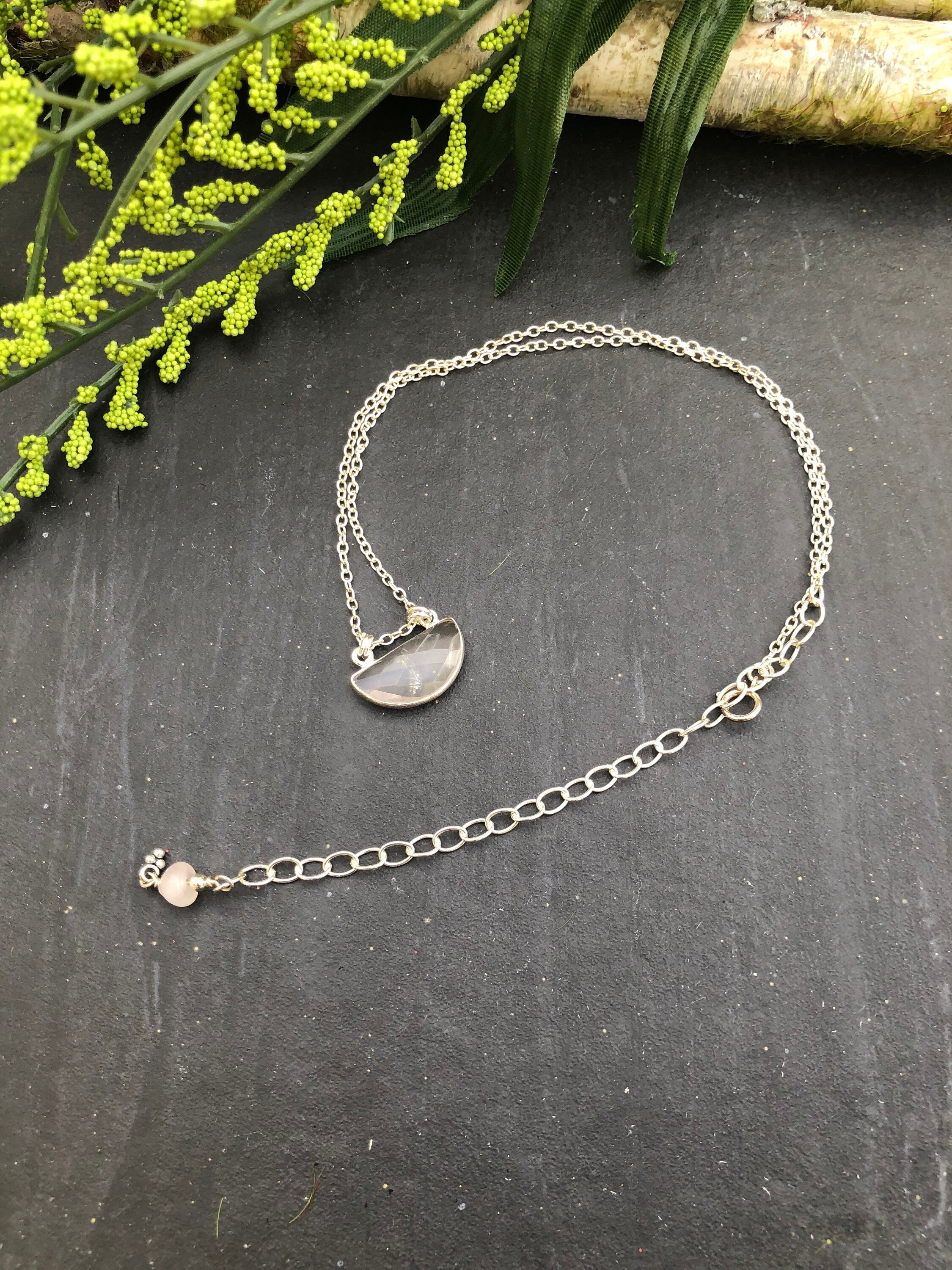 MossberryandStone Rose Quartz Half Moon Pendant Necklace Sterling Silver