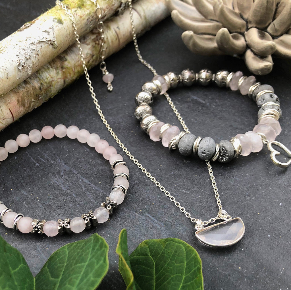 MossberryandStone Rose Quartz Half Moon Pendant Necklace Sterling Silver